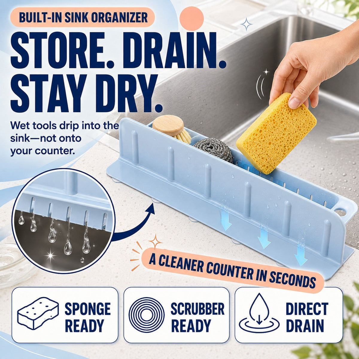 💦 2-in-1 Foldable Sink Splash Guard & Drain Organizer