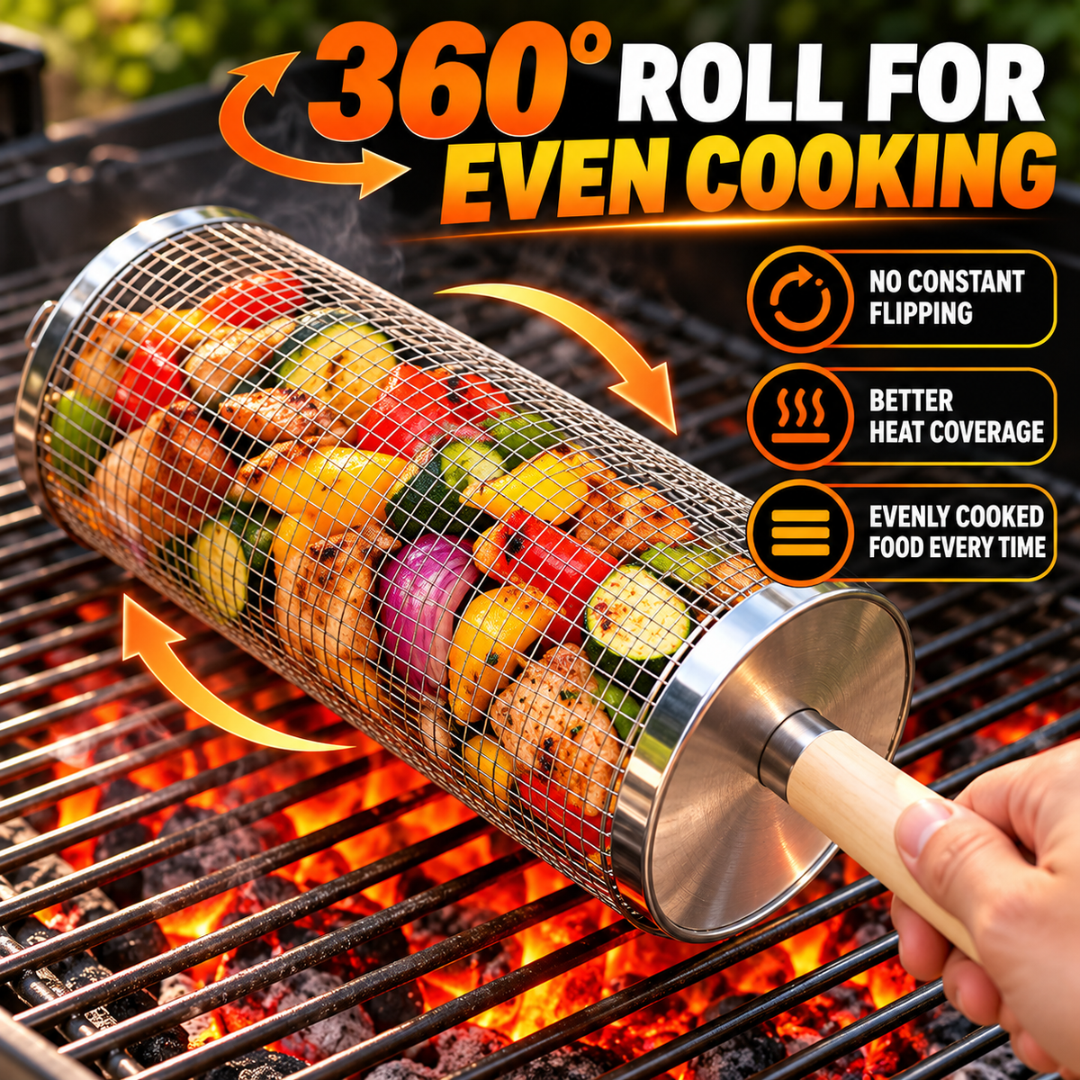 🔥 Rolling Grill Basket 360° Rotating BBQ Mesh Cylinder 🥩